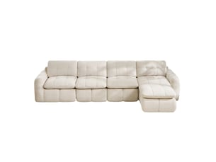Canapé d’angle modulable 4 places en chenille beige avec ottoman