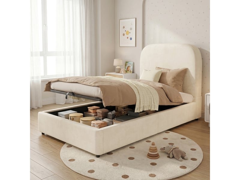  Lit coffre enfant 90x190 cm avec rangement hydraulique et tête de lit rembourrée lit simple avec sommier à lattes en velours beige BUYDEEMEUS - Conforama C