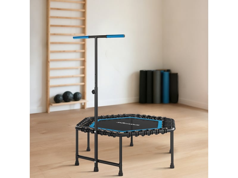  Trampoline de fitness 114 cm, cordes élastiques, poignée réglable 3 positions, trampoline d'exercice silencieux, bleu  - Conforama B