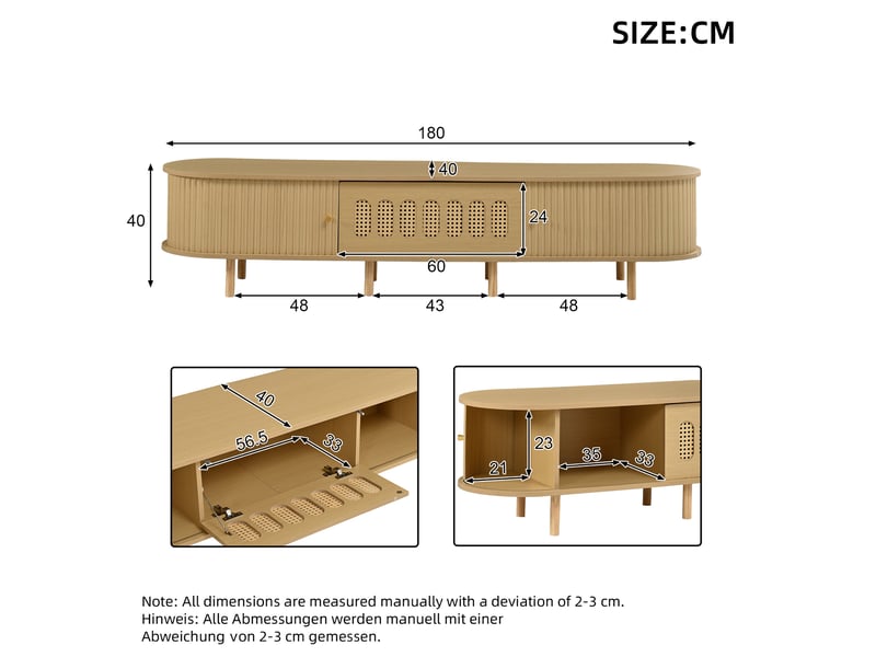  Meuble tv 180x40x40 cm avec porte abattante et coulissantes coloris bois naturel  - Conforama C