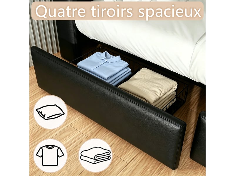  Lit 160x200 cm noir avec 4 tiroirs rangement, led, ports usb+type-c sans matelas EBD859Q-BK - Conforama W