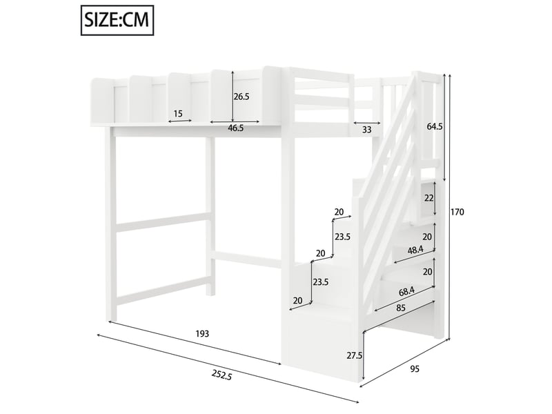 Lit mezzanine enfant une place 90×200 cm avec barrière, étagères et led - okmyhome- bois blanc, sans matelas - Conforama D