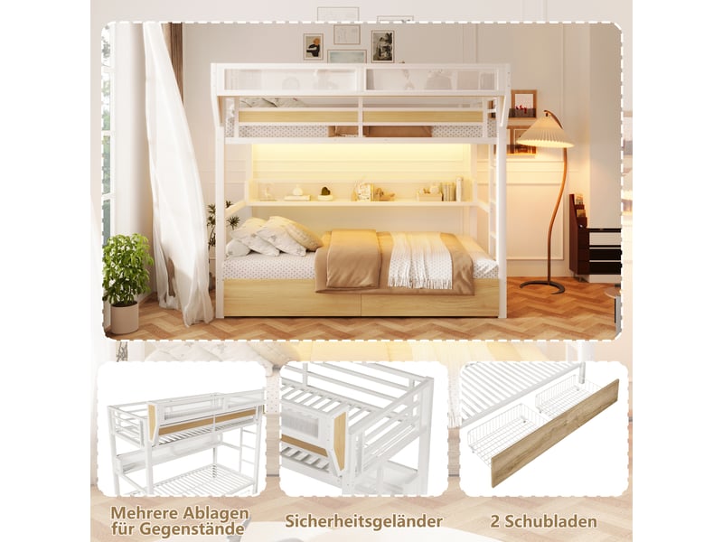  Lit superposé enfant 90x200 cm en métal avec led, 2 tiroirs, étagère, panier de rangement et barrière de sécurité - blanc (sans matelas)  - Conforama D