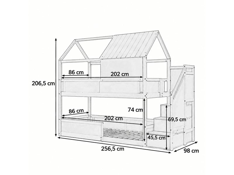  Lit superposé cabane enfant 80 x 200 cm en bois massif blanc avec toit et escalier latéral, 2 couchages, sans matelas  - Conforama C