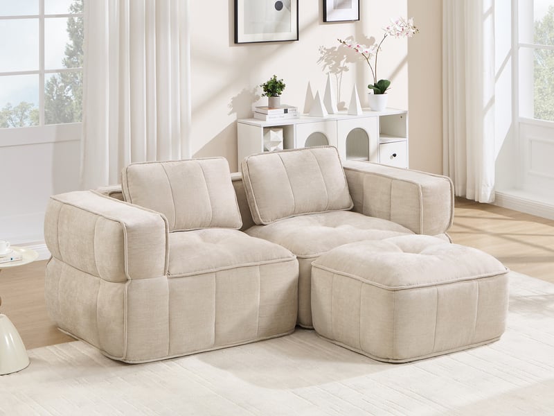  Canapé d'angle modulable 2 places en polyester, forme l avec pouf, beige  - Conforama B