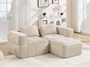 Canapé d'angle modulable 2 places en polyester, forme l avec pouf, beige