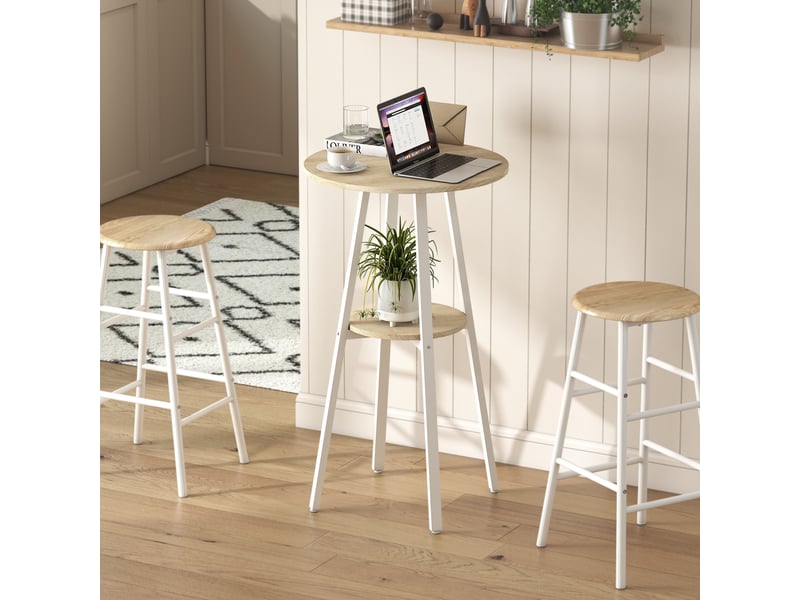  Table de cuisine haute ronde moderne avec étagère de rangement pour 2 personnes, 55 x 55 x 95 cm, bois naturel et blanc  - Conforama D