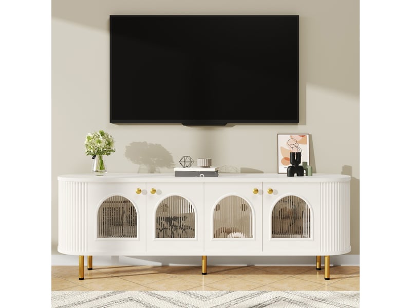  Meuble tv bas en verre avec portes - rangement pratique pour salon - pieds et poignées dorées  - Conforama B