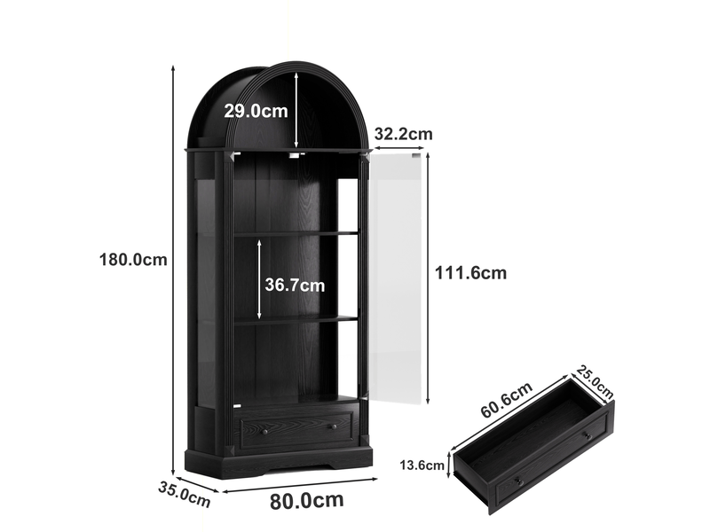  Vitrine tcqpz 80 x 35 x 180 cm avec portes en verre led et tiroirs mdf noir  - Conforama C
