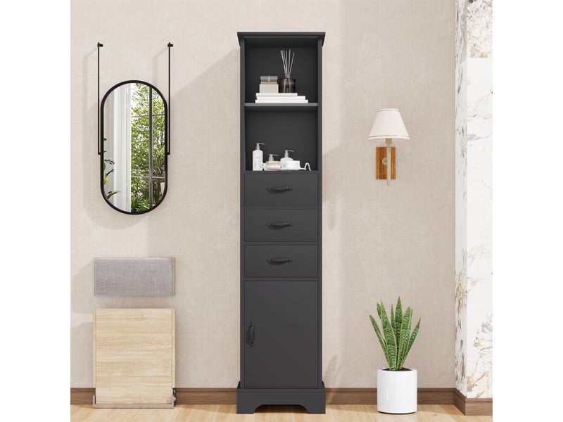  Armoire de salle de bain haute, 38 x 26 x 172,5 cm, 3 tiroirs, étagères ouvertes, portes et étagères réglables, noire  - Conforama A
