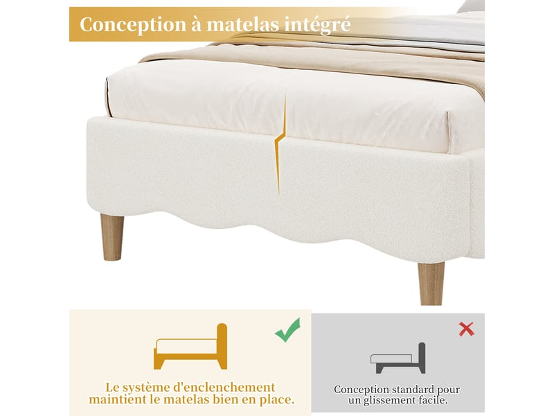  Lit simple enfant 90×200 cm avec tête de lit rembourrée - okmyhome- bouclé blanc, sans matelas, sommier inclus  - Conforama E