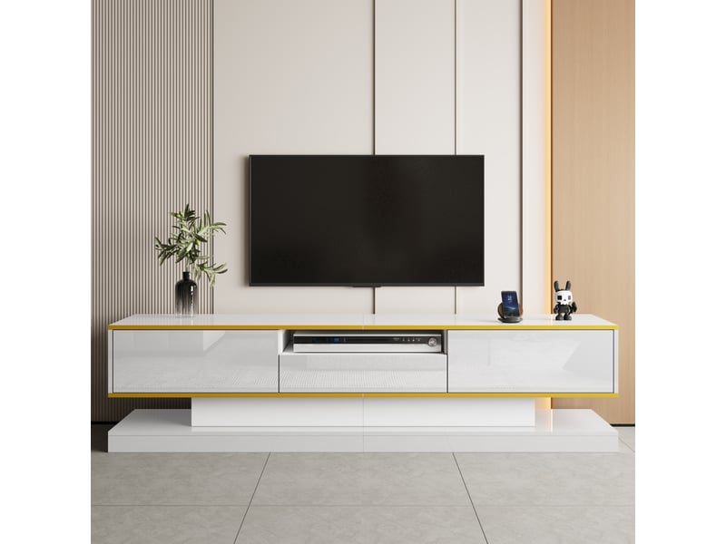  Meuble tv led 180 x 38 x 45 cm brillant, 3 tiroirs et 1 niche ouverte, éclairage multicolore  - Conforama E