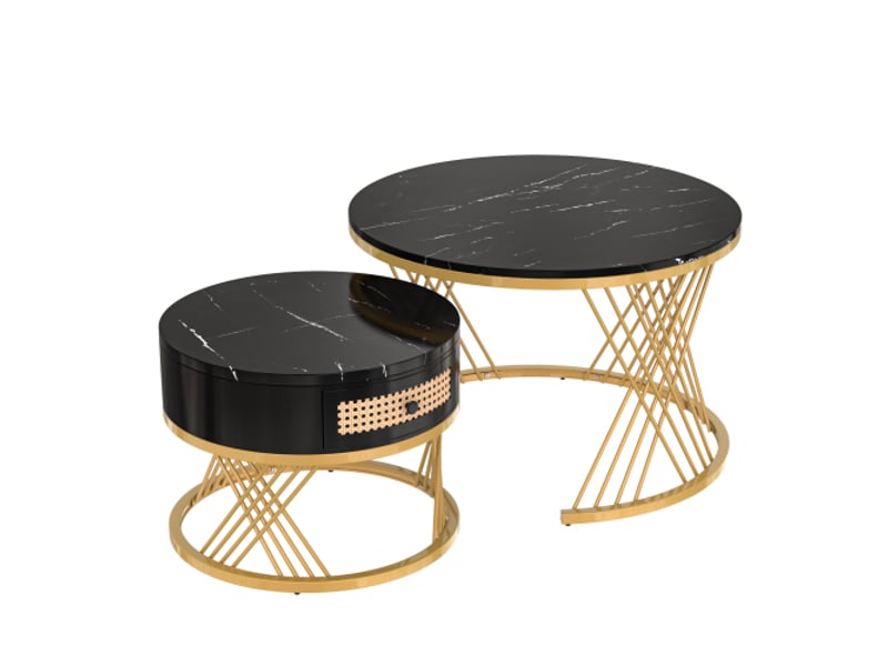  Table basse moderne ronde 2 en 1 mdf | plateau effet marbre et tiroirs en rotin plastique,noir  - Conforama A