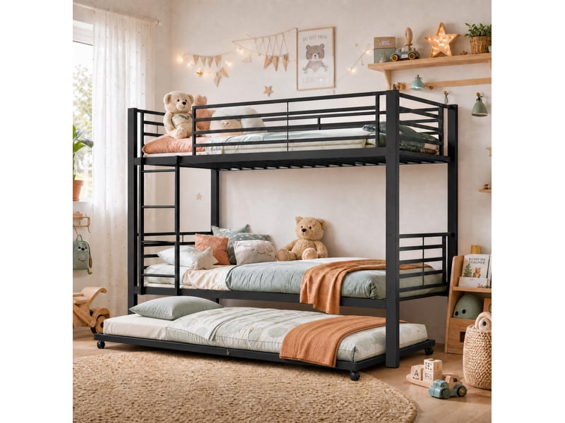  Lit superposé enfant 90x200 cm avec lit gigogne 90x190 cm en métal noir  - Conforama E