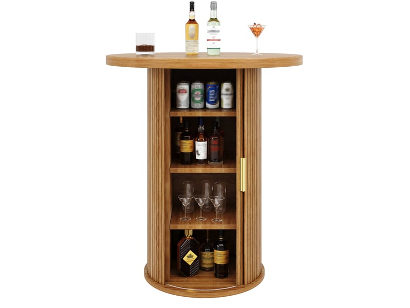 Table de bar ronde avec meuble de rangement à porte coulissante, plateau en mdf pour salon, bois, 60 × 60 × 91,6 cm  - Conforama A