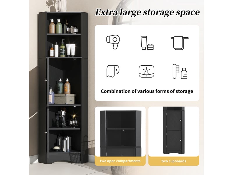  Colonne sdb 36,5x10x155 cm, meuble d'angle avec rangement, étagère réglable et portes, aggloméré, noir  - Conforama E