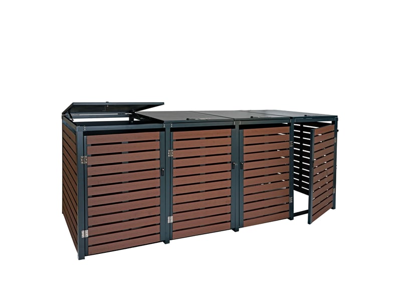  Cache poubelles 4 bacs avec couvercles vérins à gaz et serrures à code 119x264x84 cm wpc aspect noyer métal galvanisé 04_0007564  - Conforama A
