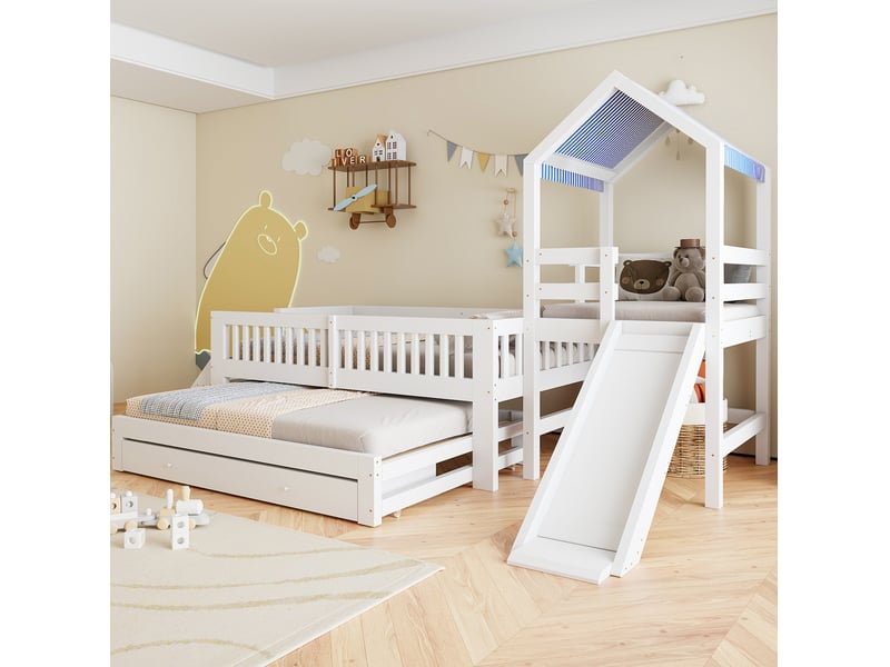  Lit enfant 90 x 200 cm avec lit gigogne 90 x 190 cm, toboggan, escalier latéral, tiroirs et toit en tissu, blanc  - Conforama B