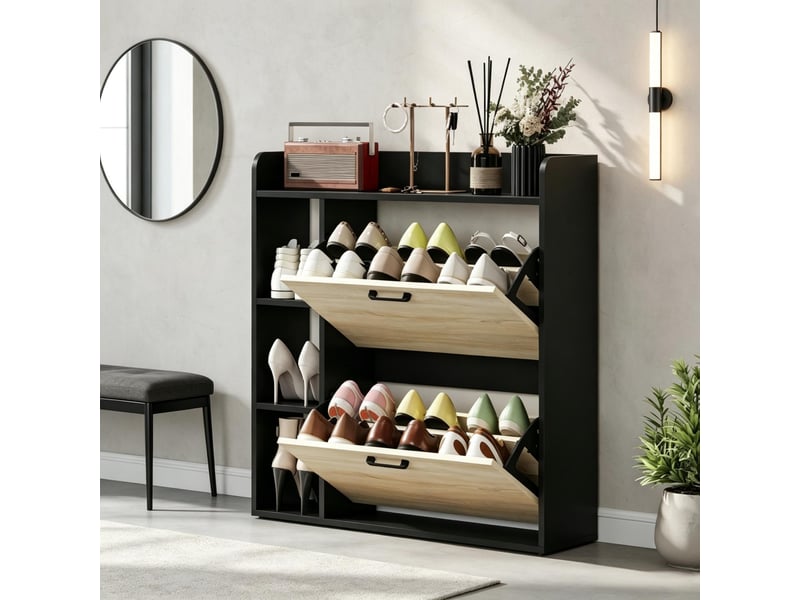Meuble à chaussures modèle slim, rangement 15 paires, 2 compartiments basculants, entrée appartement - Conforama E