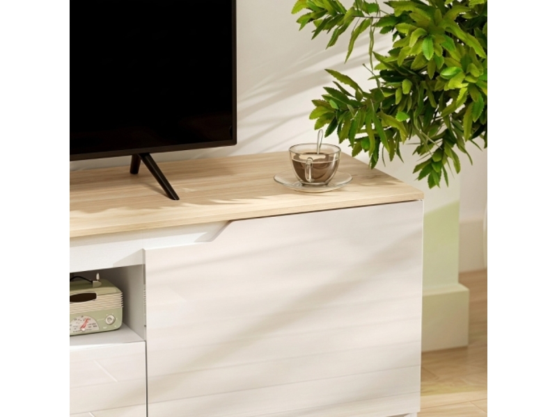  Meuble tv laqué brillant – jusqu’à 65 pouces – 3 compartiments + tiroir – 160 × 38 × 43 cm – bois naturel  - Conforama D