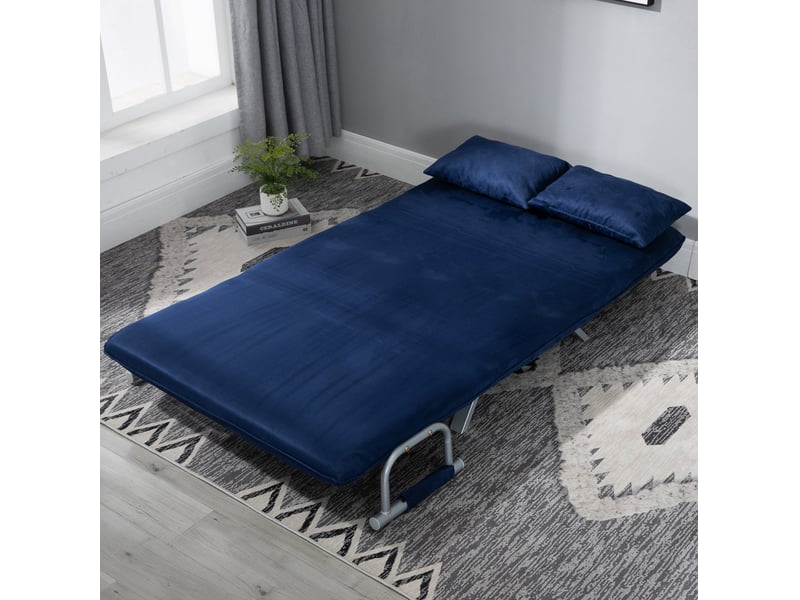  Canapé-lit 2 places 111x80x78 cm, accoudoirs et pieds en métal, dossier réglable 5 positions, revêtement bleu  - Conforama D
