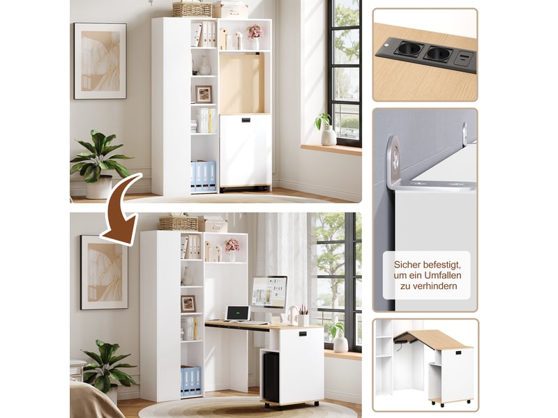 Bureau pliable avec étagère, bureau bibliothèque 2 en 1 blanc avec prise et usb, gain de place pour télétravail, 104x160cm - Conforama R