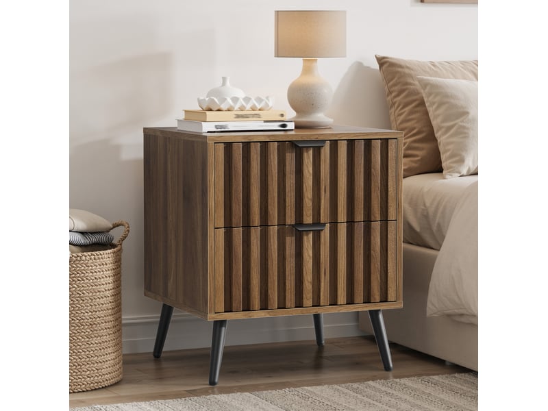  Table de chevet moderne à 2 tiroirs – décor noyer foncé – mdf et pieds métalliques – 45 x 40 x 53 cm  - Conforama B