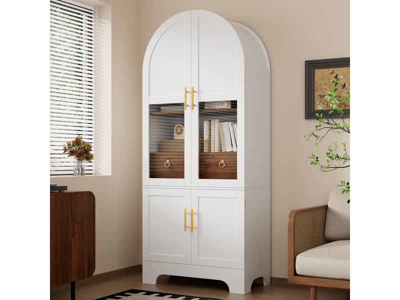  Vitrine haute 76x40x180 cm, éclairage led, portes vitrées, tiroir, design arqué, finition brillante pour salon et séjour - blanc  - Conforama E