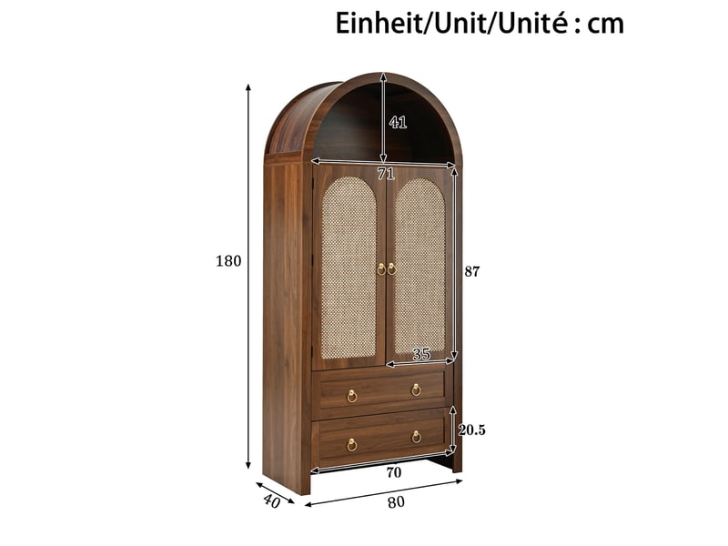 Armoire de rangement 80x40x180 cm, façades rotin, 2 tiroirs, étagères ouvertes, crochets latéraux, style vintage - noyer - Conforama C