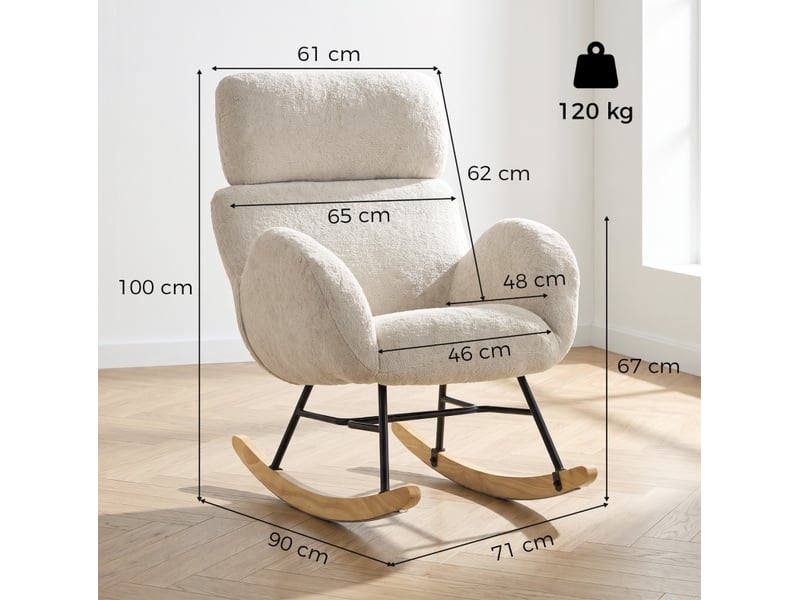 Fauteuil à bascule rembourré avec appuie-tête réglable et patins en feutre, en velours texturé blanc crème - Conforama C