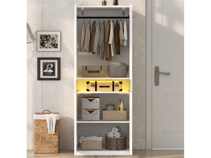  Armoire 2 portes 70 x 55 x 180 cm avec niche led et penderie, couleur blanche  - Conforama D