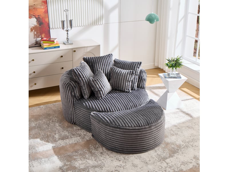  Fauteuil lounge rond avec repose-pieds en chenille gris foncé, 168 x 123 cm  - Conforama B