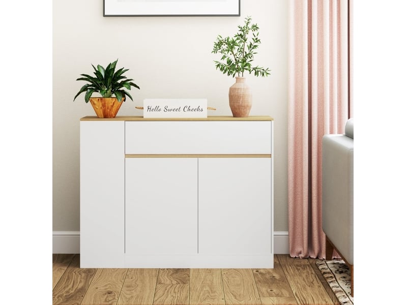  Buffet 105 x 30 x 81,5 cm blanc en panneau de particules, rangement avec portes, tiroir et étagères  - Conforama E