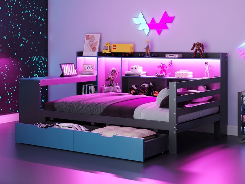Lit-canapé, 90 x 200 cm, lit simple en bois avec bureau, bibliothèque, rangement et étagères, noir  - Conforama B