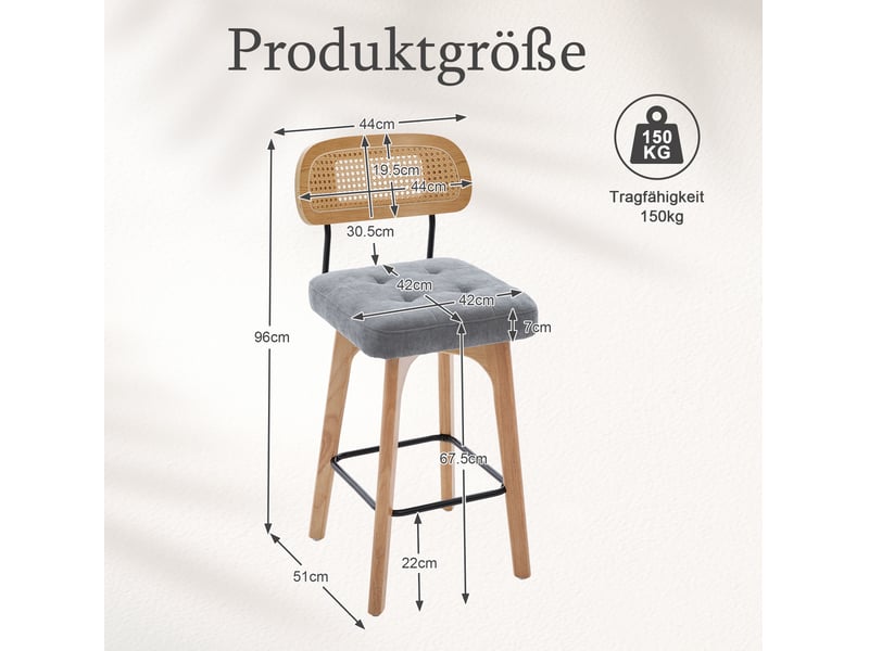Lot de 2 tabourets de bar 44x51x96 cm – gris – pivotants à 360° avec dossier en rotin et assise chenille - Conforama C