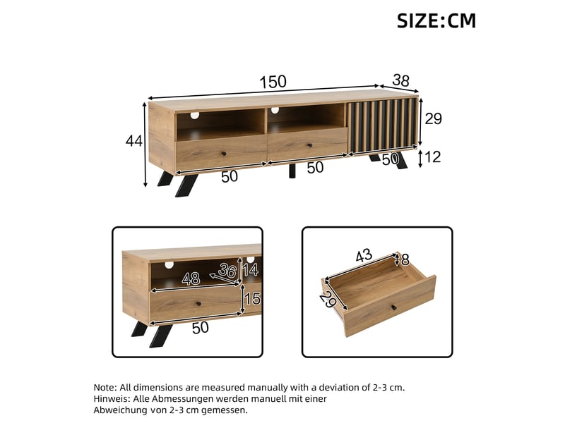  Ensemble meuble tv et buffet 120x38x75 cm et 150x38x44 cm, 5 niveaux de rangement, mdf, bois et panneau de particules, naturel et noir  - Conforama C