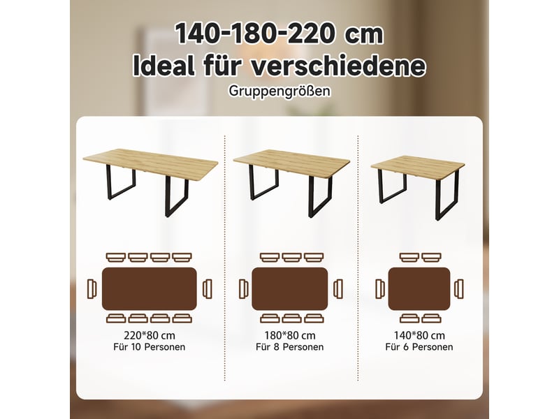  Table à manger extensible 140–220 cm, bois naturel, pieds métal, 6–10 pers.  - Conforama E