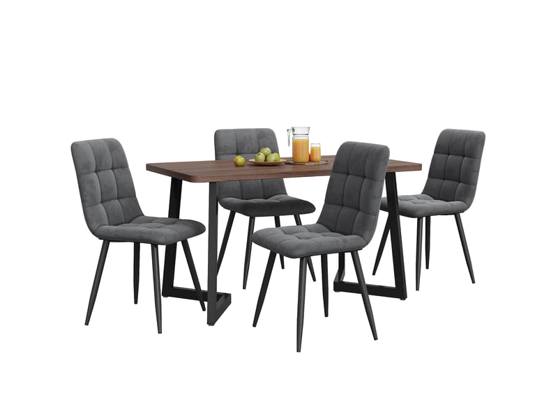 Ensemble table à manger 117 x 68 cm et 4 chaises en velours gris foncé, noyer - Conforama A