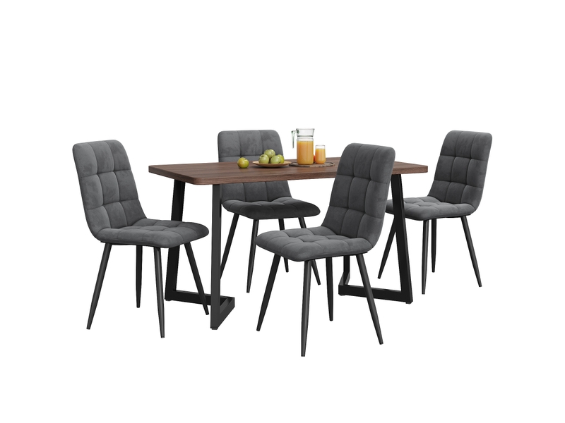  Ensemble table à manger 117 x 68 cm et 4 chaises en velours gris foncé, noyer  - Conforama A