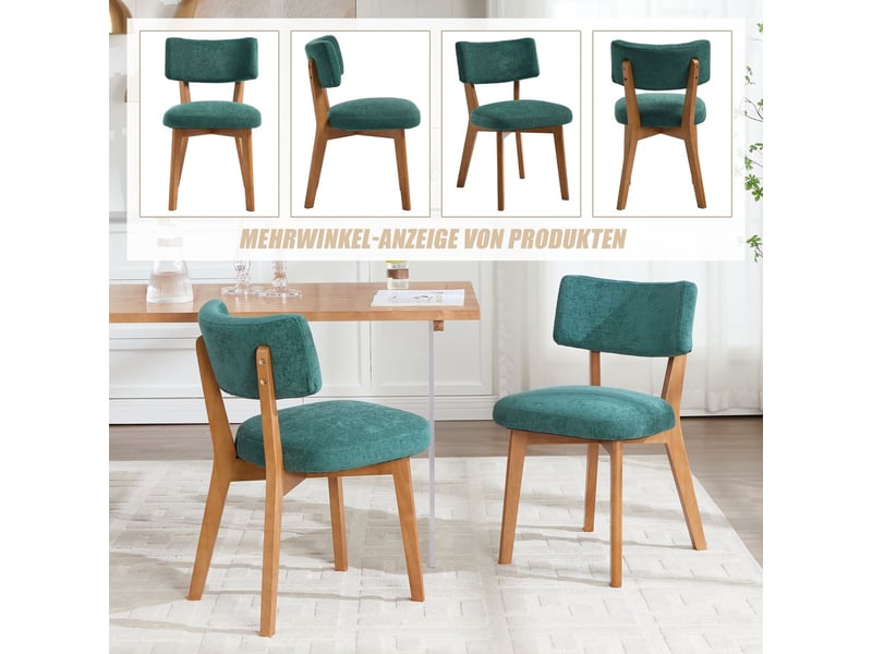  Chaise de salle à manger style mid-century moderne chaise de cuisine assise rembourrée pieds en bois massif revêtement en lin vert  - Conforama E