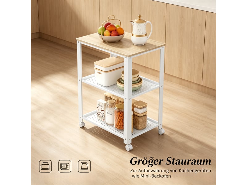  Desserte de cuisine à roulettes 3 niveaux, chariot de service bois et métal, meuble micro-ondes sur roulettes, 60x40x76cm, blanc et chêne  - Conforama W