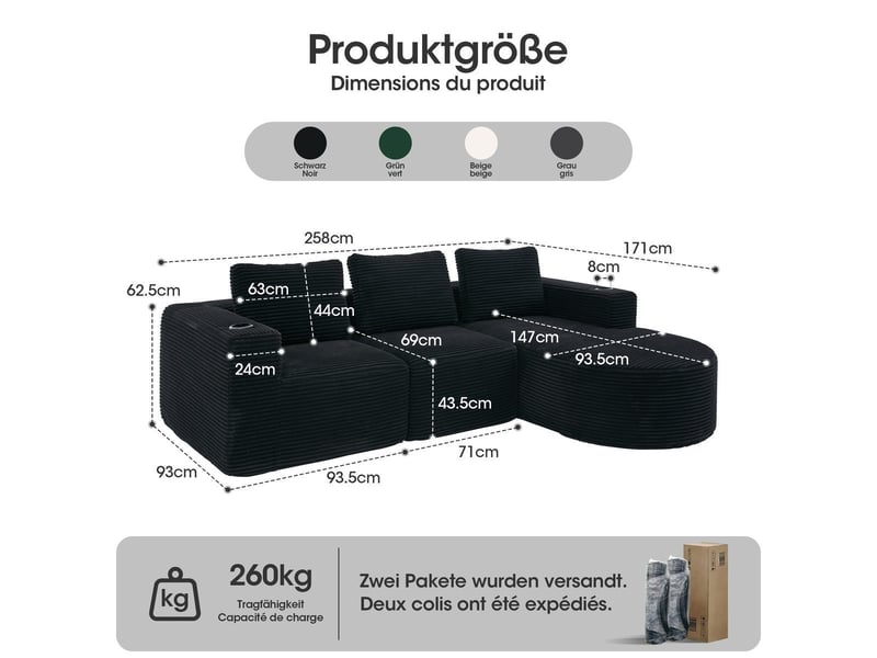  Canapé double 2 places 265 cm en velours côtelé noir avec 3 coussins et porte-gobelets BES-SD-B063BK - Conforama E