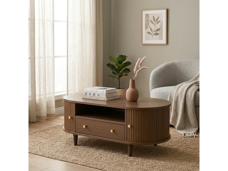  Table basse ovale vintage effet noyer avec tiroir et porte coulissante  - Conforama B