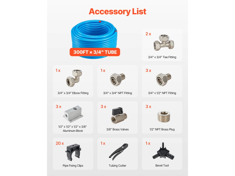 Vevor kit conduite de compresseur deair, 91,44 m x 19,05 mm, systeme de tuyauterie deair comprime en pehd aluminium, etanche, facile a installer, kit tubes deair comprime pour garages, ateliers, bleu  - Conforama B