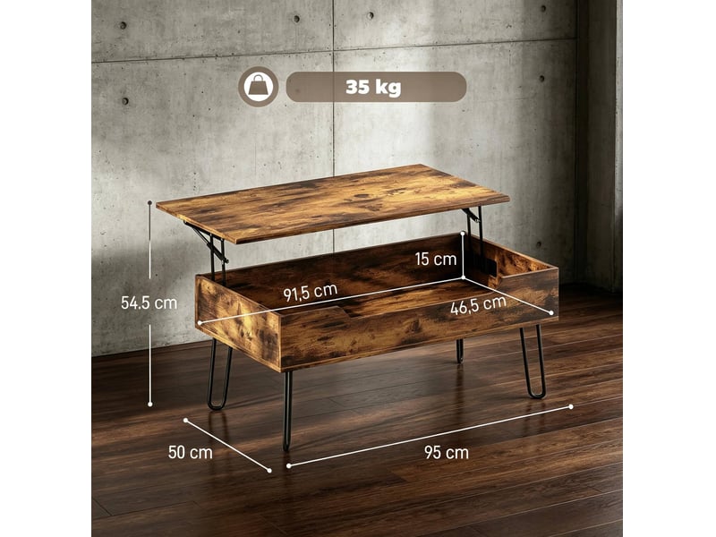  Table basse rectangulaire 95 x 50 x 40 cm en mdf et acier avec plateau relevable et rangement marron et noir chicfurn  - Conforama D