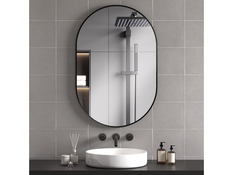  Miroir de salle de bain ovale décoratif 60 x 90 cm avec cadre en aluminium pour salon, orientation horizontale ou verticale, noir  - Conforama C