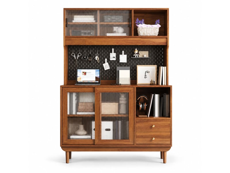  Buffet haut cuisine 117x30x170 cm avec portes vitrées rainurées, panneaux perforés, tiroirs et rangements ouverts, meuble rangement mdf-noyer  - Conforama A