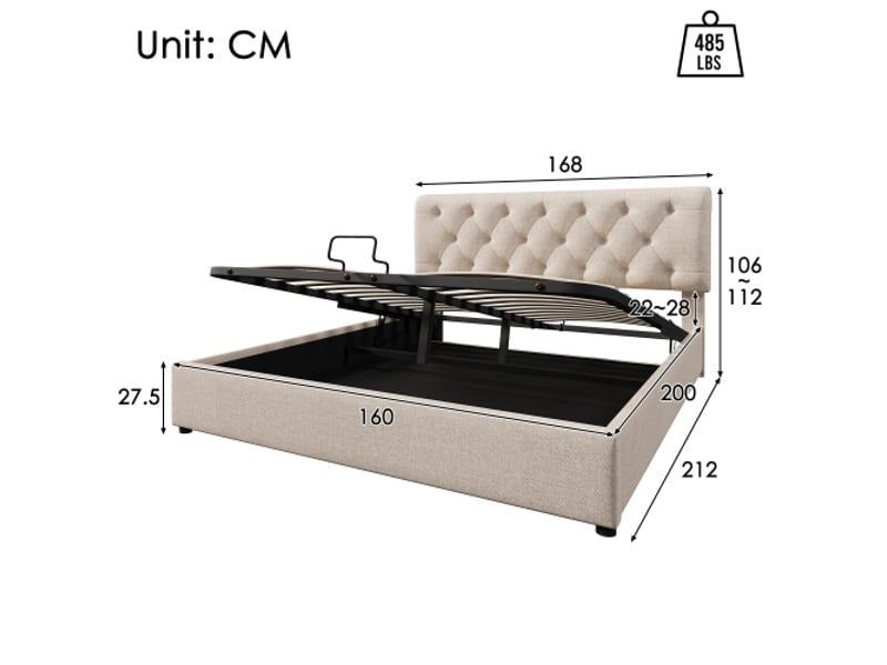  Lit 160x200 cm avec coffre hydraulique, tête de lit réglable, sommier métallique, cadre contemporain naturel  - Conforama C