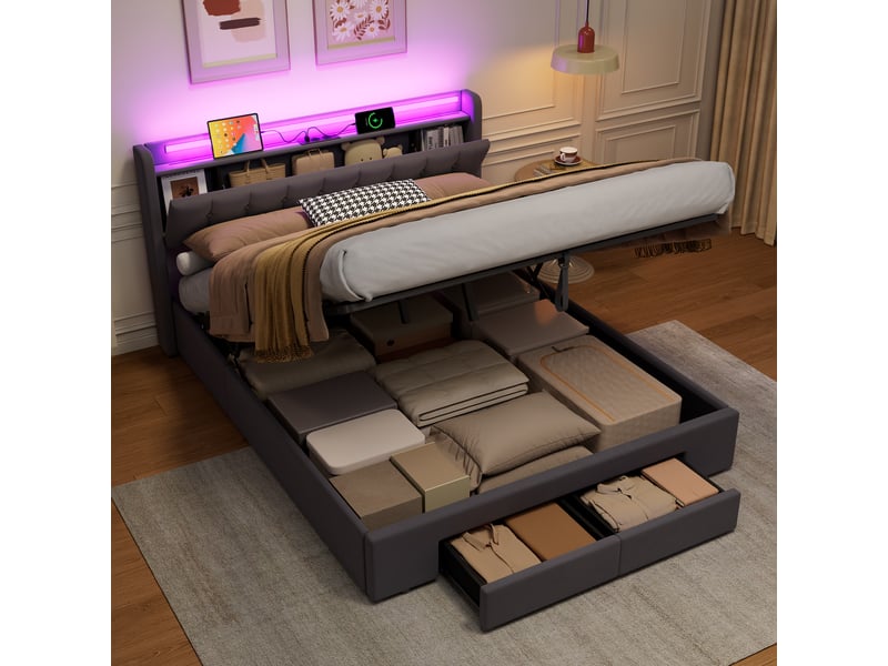  Lit rembourré ulevr 160x200 cm avec rangement, 2 tiroirs, port usb et éclairage led, velours gris foncé  - Conforama B
