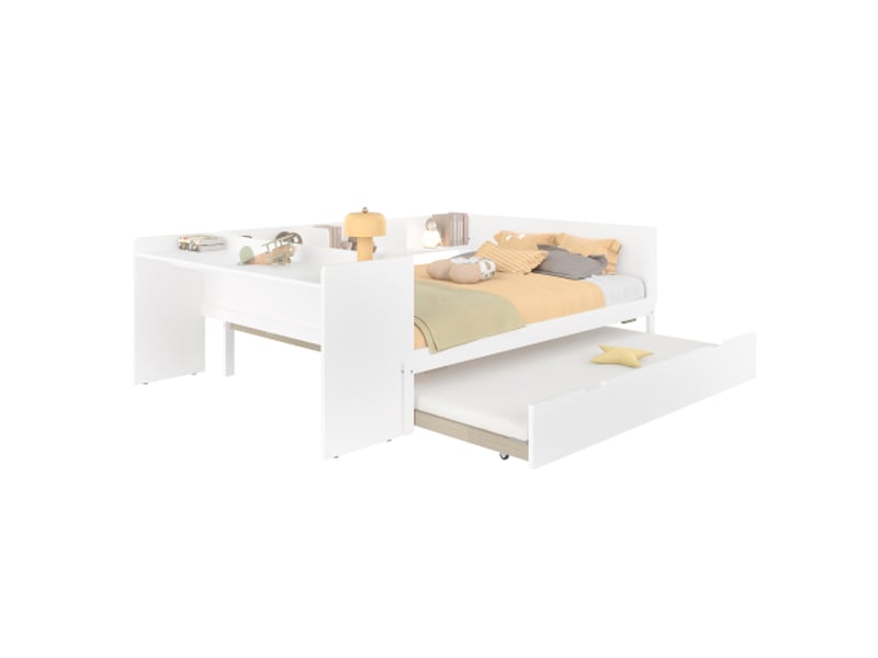  Lit en bois blanc 140x200 cm avec bureau, lit gigogne et rangements – pin + panneau de particules  - Conforama A